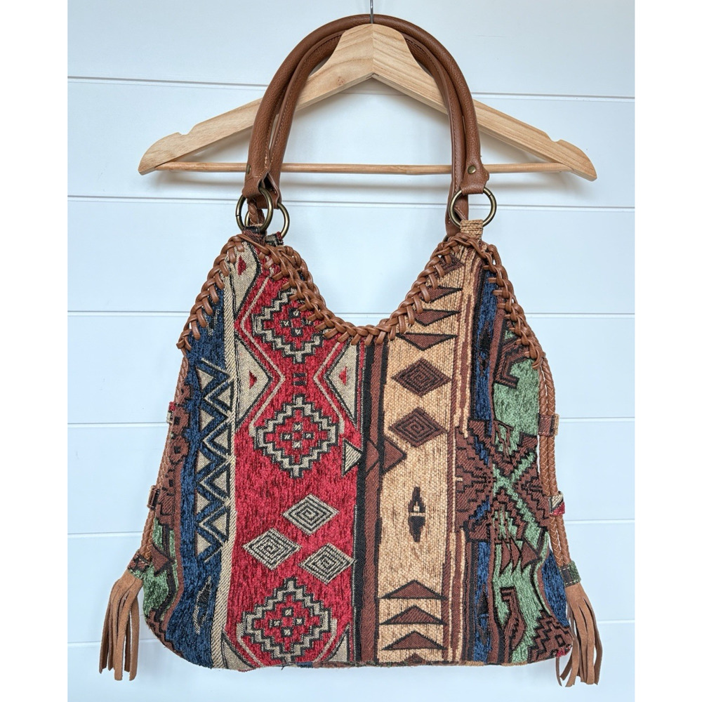 Southwestern Tapestry Hobo Bag Woven Fringe Boho Aztec Slouchy Handbag Purse - Picture 7 of 16